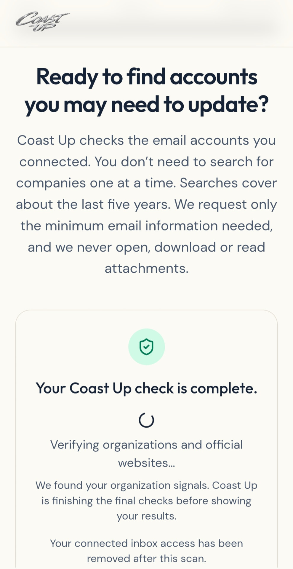 Example Coast Up screen while it finishes checking organizations and official websites