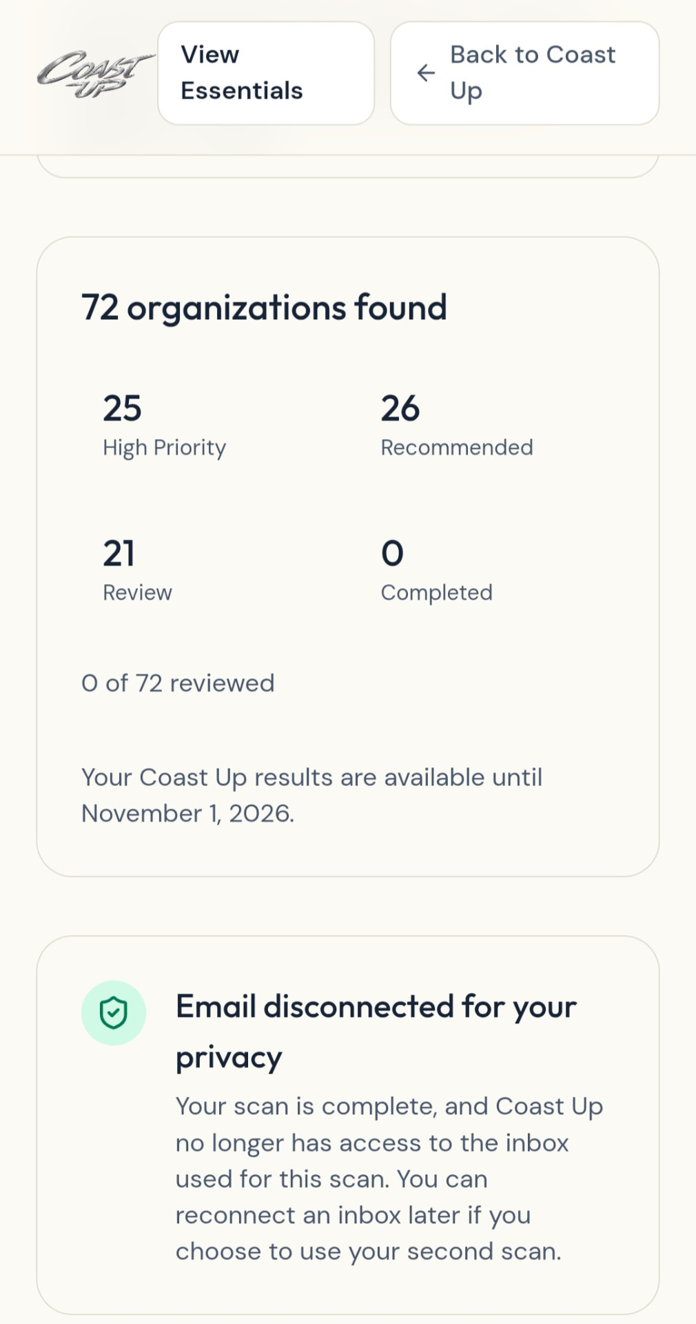Example Coast Up results screen showing a summary of organizations found