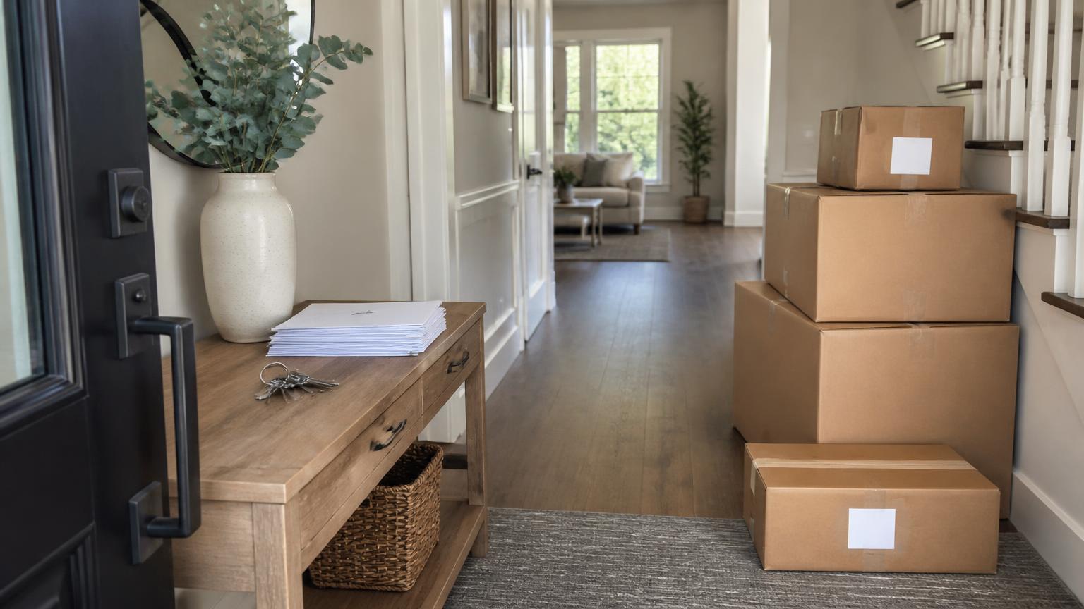 Moving boxes stacked in a modern home entryway beside a console table with keys and unopened mail