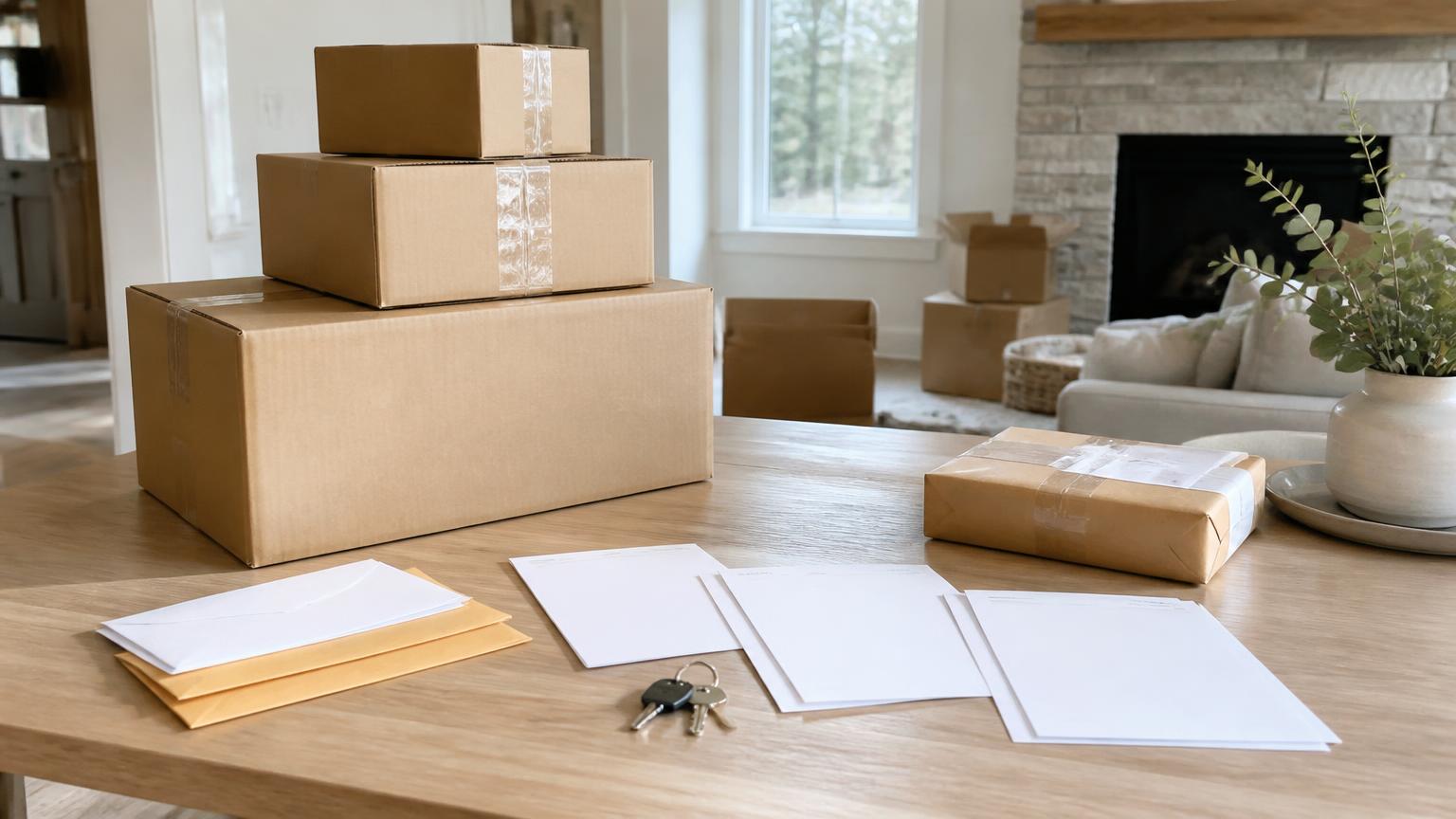 Sealed moving boxes, house keys, envelopes and blank statements arranged on a table in a bright home